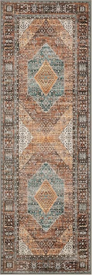 Bavni Runner Rug 2x6 Kitchen Rugs for Hallways Entryway, Washable Print Carpet, Low Pile Lightweight Rug with Non Slip Backing, Vintage Brown/Blue