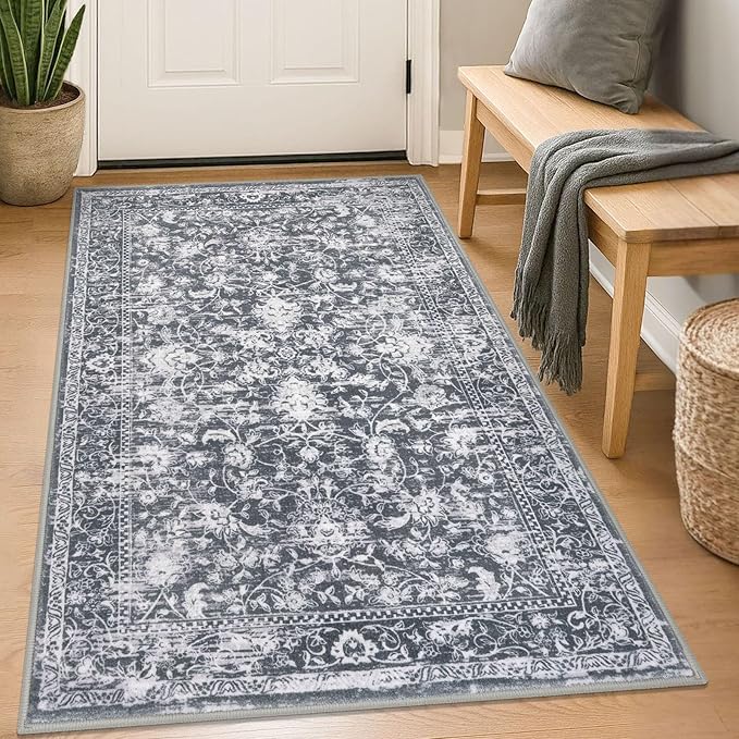 KILOCOCO Area Rug 3x5 Entryway Rug Washable Printed Vintage Floral Rubber Backed Non Slip Indoor Kitchen Rugs for Living Room Laundry Room Playroom Mudroom Moroccan Area Rugs, Grey