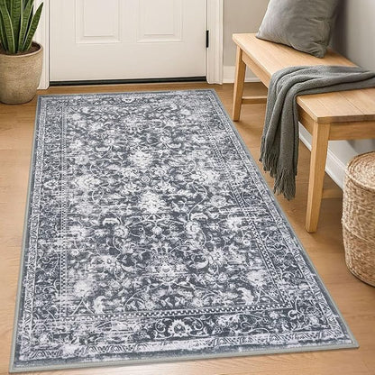 KILOCOCO Area Rug 3x5 Entryway Rug Washable Printed Vintage Floral Rubber Backed Non Slip Indoor Kitchen Rugs for Living Room Laundry Room Playroom Mudroom Moroccan Area Rugs, Grey