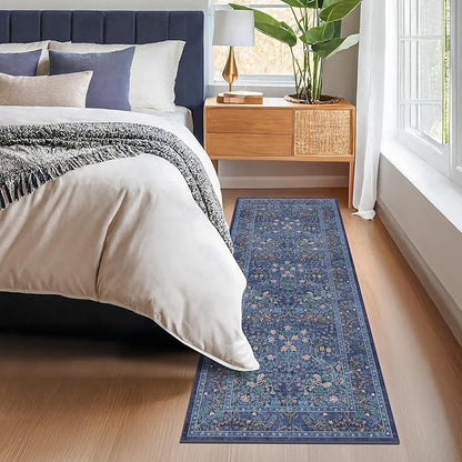 Non Slip 2x5 Dark Blue Entryway Runner Rug - Washable Small Throw Rugs for Bathroom, Bedroom, Laundry Room, Hallway, Kitchen Floor Mat, Dusky Navy Vintage Oriental Décor