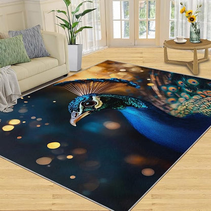 Peacock Area Rug 4x5-4x5 Rug, Wonderful Peacock Rugs for Living Room, Teal Turquoise Carpet, Peafowl Feather Washable Area Rugs for Bedroom, Aesthetics Carpet - Peafowl Home Decor & Gifts