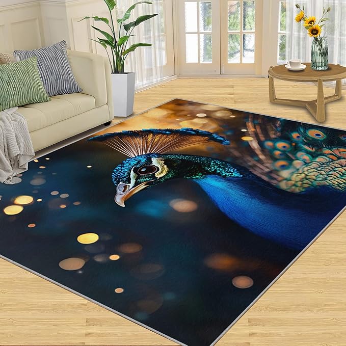 Peacock Area Rug 6x8-6x8 Rug, Wonderful Peacock Rugs for Living Room, Teal Turquoise Carpet, Peafowl Feather Washable Area Rugs for Bedroom, Aesthetics Carpet - Peafowl Home Decor & Gifts