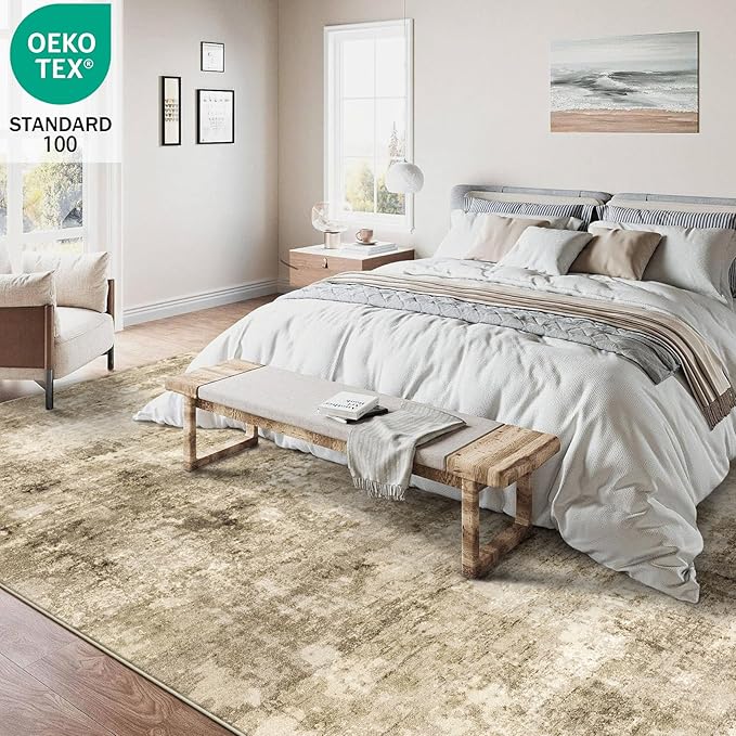 6x9 Machine Washable Area Rug for Living Room, Brown Modern Vintage Abstract Rug Large Non-Slip Low Pile Soft Faux Wool Carpet, Kids and Pets Friendly for Bedroom Dining Room Farmhouse Home Decor Rug