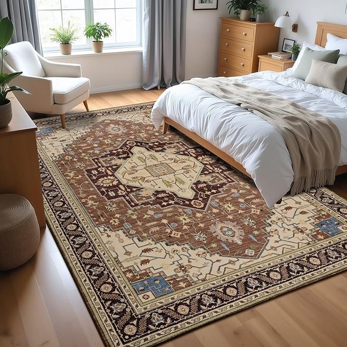 3x5 Mousse Brown Area Rug for Living Room, Machine Washable Rugs with Non-Slip Backing for Bedroom, Vintage Medallion Carpet Kitchen Laundry Kids Room Decor