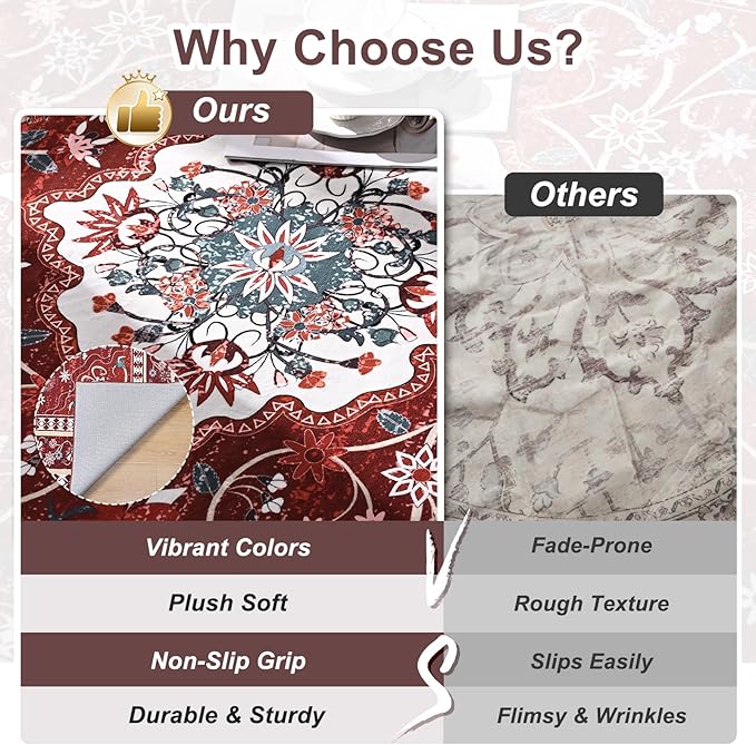 2' x 3' Red Washable Area Rugs, Non-Slip Entryway Rug, Boho Low Pile Door Mat Indoor Entrance, Floral Medallion Pattern Vintage Rugs for Kitchen Bedroom Bathroom Laundry Living Room Farmhouse