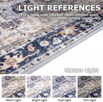 KOZYFLY Runners for Hallways 2x6 Ft Washable Kitchen Runner Rug Boho Runner Rug for Entryway Indoor Printed Oriental Faux Wool Floor Carpet Runner for Bedroom Kitchen Hall, Blue Gray/Cream