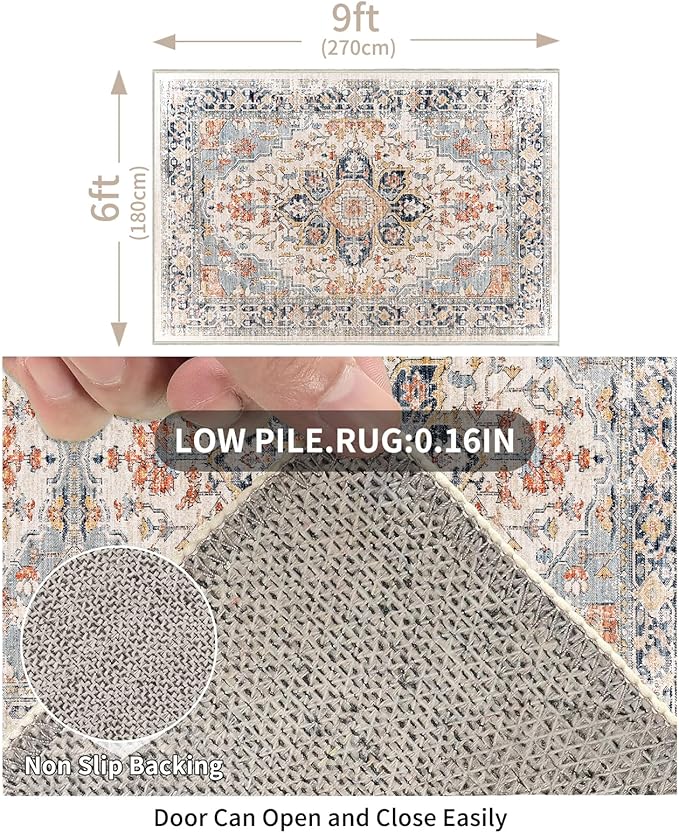 Enkor Area Soft Rugs 6x9 Washable Non Slip Boho Floor Rugs for Living Room Bedroom, Vintage Style Farmhouse Mat for Kitchen Entryway Orange & Black