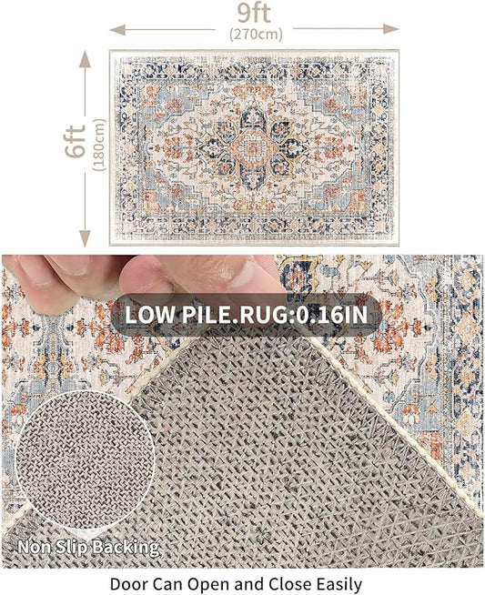 Enkor Area Soft Rugs 6x9 Washable Non Slip Boho Floor Rugs for Living Room Bedroom, Vintage Style Farmhouse Mat for Kitchen Entryway Orange & Black