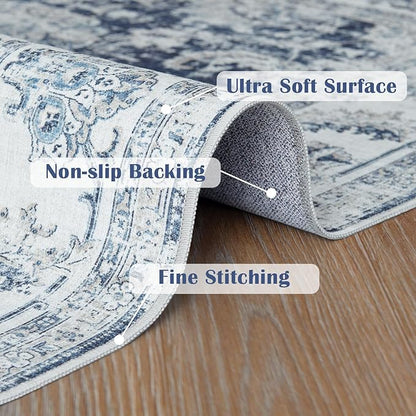 jinchan Fiora Runner Rug 3x10-2pcs Kitchen Washable Vintage Hallway Rug Floral Print Floor Cover Indoor Thin Retro Mat Accent for Bathroom Laundry Room Bedroom Office Farmhouse (Double, Dark Blue)