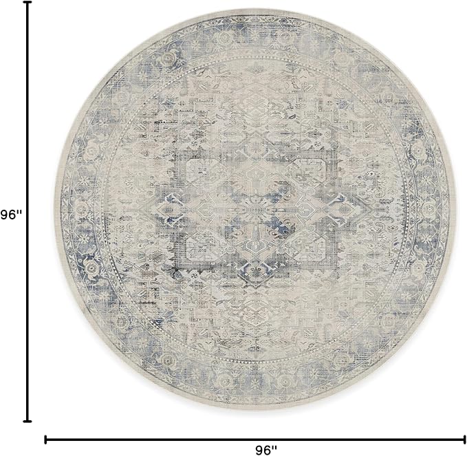 RUGGABLE Washable Vintage Area Rug – Kamran Blue Quartz 8 ft Round, Stain-Resistant, Non-Slip – Large Machine Washable Rugs for Living Room, Bedroom, Hallway, Entryway & Office–with Cushioned Pad