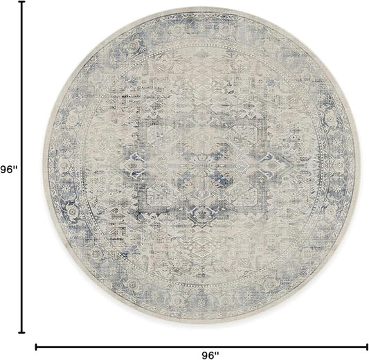 RUGGABLE Washable Vintage Area Rug – Kamran Blue Quartz 8 ft Round, Stain-Resistant, Non-Slip – Large Machine Washable Rugs for Living Room, Bedroom, Hallway, Entryway & Office–with Cushioned Pad