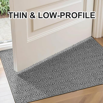 Ultra Thin Door Mat Indoor Entrance 24"x47", Low-Profile Indoor Door Mat, Non Slip Entry Mat Rubber Backing Unique Herringbone Design Inside Doormat Dirt Trapper Entryway Mats, Grey