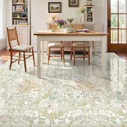 Washable Sage Green Living Room Area Rug 6x9, Boho Botanical Area Rug for Bedroom, Kitchen Table, Nursery, Home Office - Low Pile Non-Slip Vintage Carpet - Soft Farmhouse Accent Mat