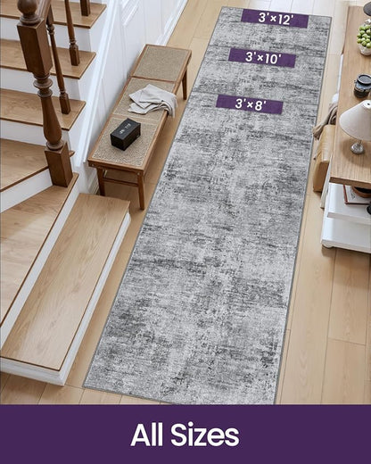 DEXI Hallway Runner Rug 3x12, Modern Abstract Non Slip Thin Soft Runners Carpet, Stain Resistant Washable Indoor Rug for Hallway Entryway Kitchen Laundry Room Living Room, Light Grey