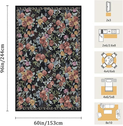 5x8 Machine Washable Area Rug for Living Room, Black Vintage Boho Floral Rug Large Non-Slip Low Pile Soft Faux Wool Carpet, Kids and Pets Friendly for Bedroom Dining Room Farmhouse Home Decor Rug