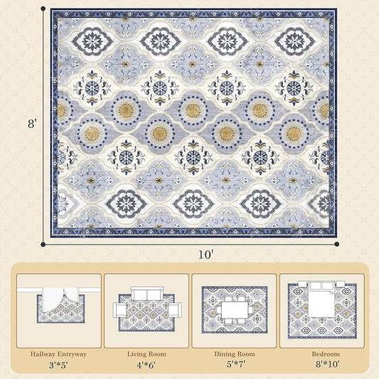 EnHomee 8x10 Area Rug, Soft Washable Rugs for Living Room Bedroom, Boho Non Slip Low Pile Stain Resistant Washable Rug Large Area Rugs for Dining Room,Easy to Clean Living Room Rug, Blue