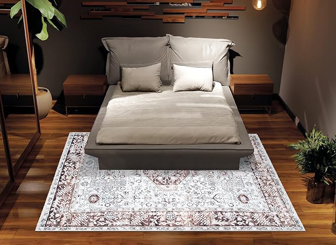 Bloom Rugs Caria Washable Non-Slip 6x9 Rug - Beige/Brown Traditional Area Rug for Living Room, Bedroom, Dining Room, and Kitchen - Exact Size: 6' x 9'