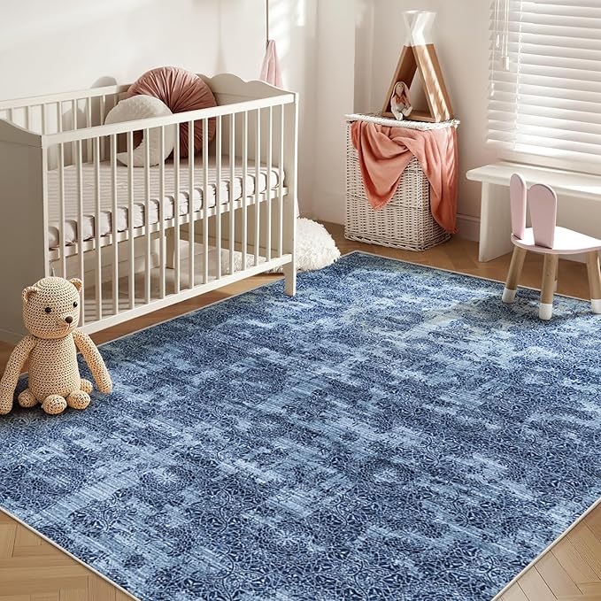 WITSHOCK 5x7 Area Rugs for Living Room: Machine Washable Non Slip Modern Abstract Carpet - Low Pile Print Rug for Bedroom Dining Room - Stain Resistant for Household - Pet Owners (Blue White)