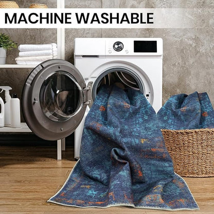GLN Rugs Contemporary Collection - Machine Washable Area Rug, Contemporary Washable, Non Slip, Low Pile Chenille Rug, Living Room, Bedroom, Kitchen Rug (5' x 7' Midnight/Multi)