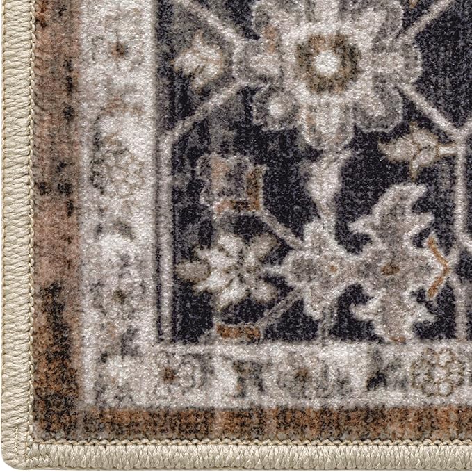 DEXI 5x8 Area Rug for Living Room, Washable Vintage Farmhouse Thin Rug Indoor Floor, Non Slip Stain Resistant Low Pile Carpet for Dining Room Bedroom Office, Brown