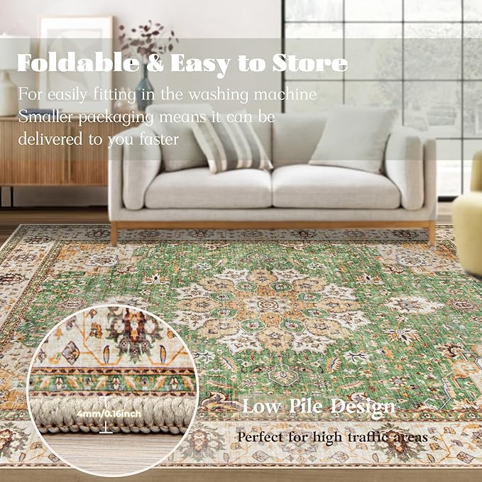 Area Rug 9x12 Washable Rug, Vintage Boho Medallion Rugs Non-Slip Soft Low Pile Large Distressed Rug Indoor Retro Carpet for Living Room Bedroom Dining Room Home Office (Vintage Green, 9'x12')