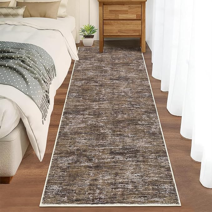 RUGSREAL Hallway Runner Rug 2.5x10 Long Kitchen Runner Rug with Rubber Backing Low Pile Stain Resistant Entryway Carpet Washable Modern Solid Color Runner for Living Room Bedroom, Brown