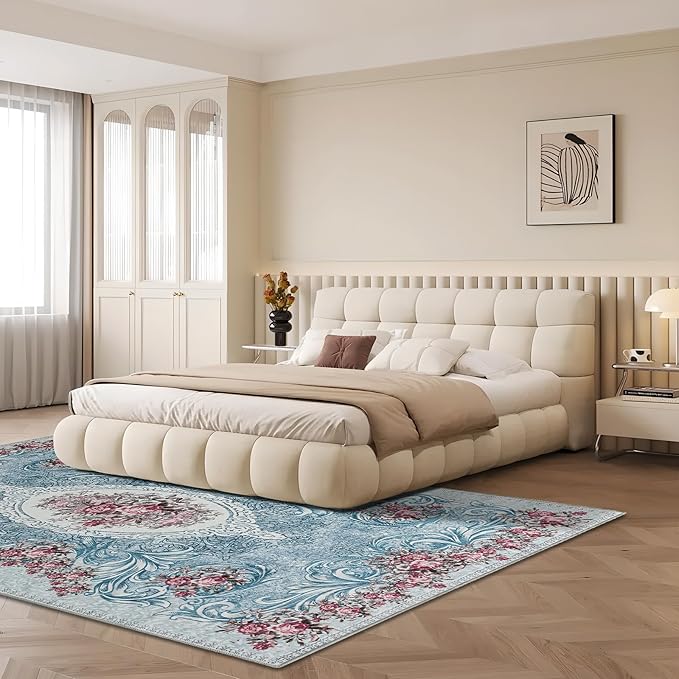 Easy-Going Large Area Rug 8x10 Washable Floral Rug for Living Room Non-Slip Bedroom Rugs Low Pile Lightweight Retro Flowers Throw Rug for Dining Room Kitchen Home Office Carpet, Teal Red
