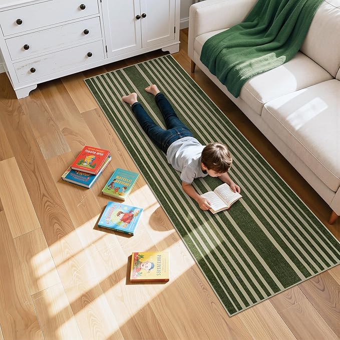 Beeiva Striped Modern Bathroom Runner, 2.5x8 Green Washable Runners for Hallways Entryway, Bohemian Non Slip Non Shedding Low Pile Carpet for Porch, BedroomIndoor Kithchen Laundry Room Porch Bedroom