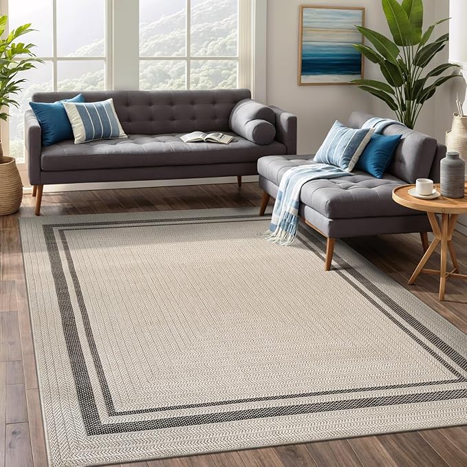 Beverly Rug Easy Jute Bordered Rug 5x7 Washable Durable Indoor Outdoor Area Rugs for Living Dining Room Patio Office Stain Resistant Non Shedding Casual Indoor Outside Carpet 5 x 7 Off-White