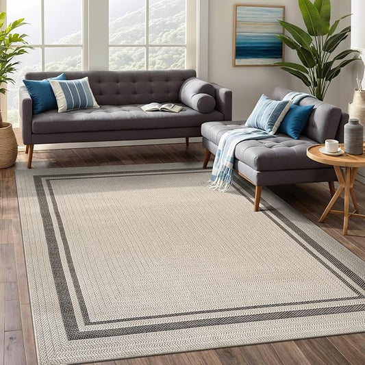 Beverly Rug Easy Jute Bordered Rug 5x7 Washable Durable Indoor Outdoor Area Rugs for Living Dining Room Patio Office Stain Resistant Non Shedding Casual Indoor Outside Carpet 5 x 7 Off-White