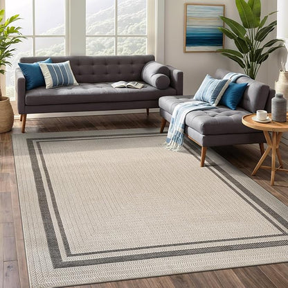 Beverly Rug Easy Jute Bordered Rug 8x10 Washable Durable Indoor Outdoor Area Rugs for Living Dining Room Patio Office Stain Resistant Non Shedding Casual Indoor Outside Carpet 8 x 10 Off-White