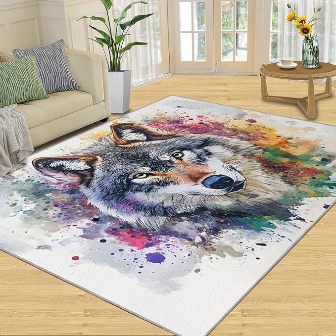 Wolf Rugs for Bedroom - 5x6 Area Rug - Graffiti Wolf Rugs for Living Room, Abstract 3D Animal Graffiti Rug, Washable Home Decor Carpet