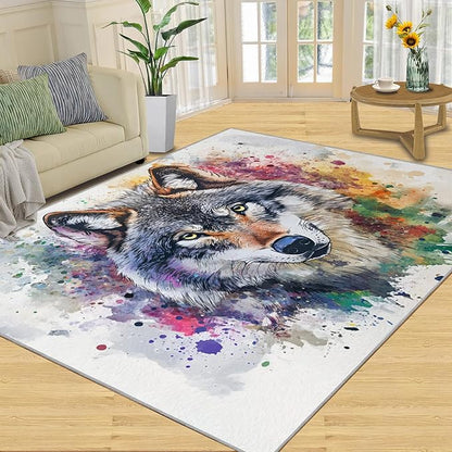 Wolf Rugs for Bedroom - 5x7 Area Rug - Graffiti Wolf Rugs for Living Room, Abstract 3D Animal Graffiti Rug, Washable Home Decor Carpet