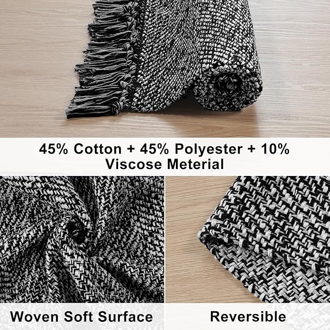 Collive Hallway Runner Rug, 2' x 5' Soft Washable Kitchen Runner Rug, Black Contemporary Modern Laundry Room Rugs Indoor Hand-Woven Cotton Carpet for Bedroom Entryway Front Door Farmhouse