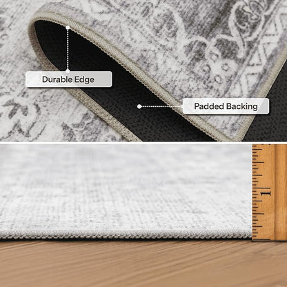 ReaLife Rugs Machine Washable Area Rug - Living Room Bedroom Bathroom Kitchen Entryway Office - Padded Low Pile Stain Resistant Premium - Boho Farmhouse Vintage - Noor - Silver Ivory 4' x 6'