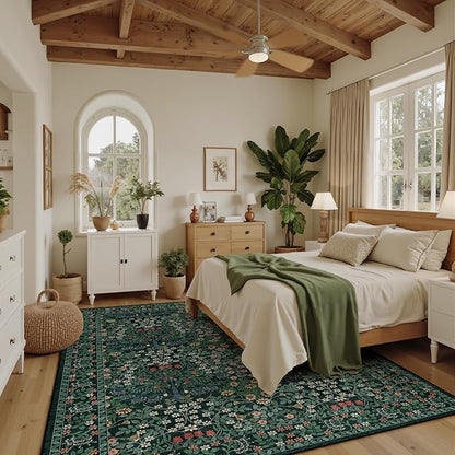 8x10 Area Rugs Living Room Rug - Floral Vintage Forest Washable Carpet, Low Pile Non-Slip Stain Resistance Boho Soft Large Carpet for Bedroom, Dining Room, Office, Farmhouse (8'x10' Dark Green)