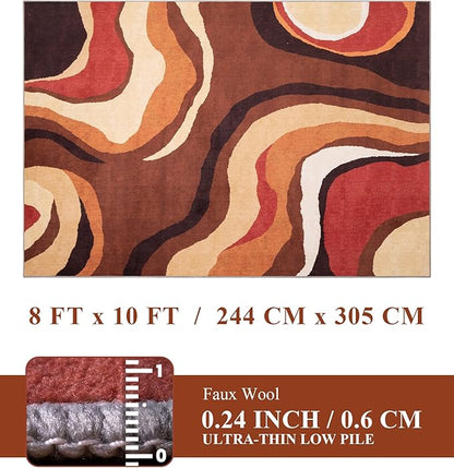 YIHOUSE Burnt Orange Rug 8x10 Washable,Alfombras para Salas,Farmhouse Brown Retro Carpets,Geometric Abstract Wavy Rug for Living Room,Unique Colorful Rugs for Bedroom,Dining Room