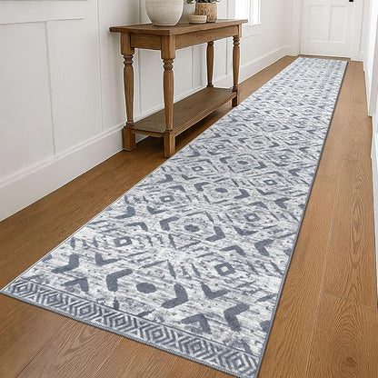 KILOCOCO Hallway Runner Rug 2.6'x18' Washable Printed Moroccan Runner Rugs Non Slip Entryway Rugs Soft Indoor Long Floor Rug for Bedroom Kitchen Living Room Geometric Boho Carpet Runners, Grey White