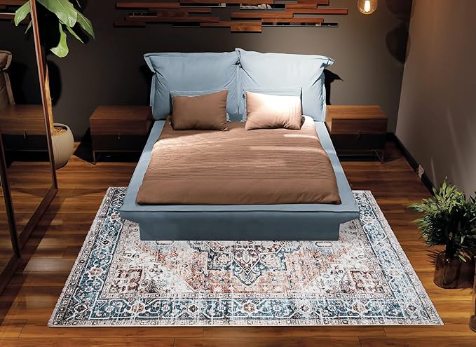 Bloom Rugs Caria Washable Non-Slip 8x10 Rug - Terracotta/Blue Traditional Area Rug for Living Room, Bedroom, Dining Room, and Kitchen - Exact Size: 7'8" x 10'