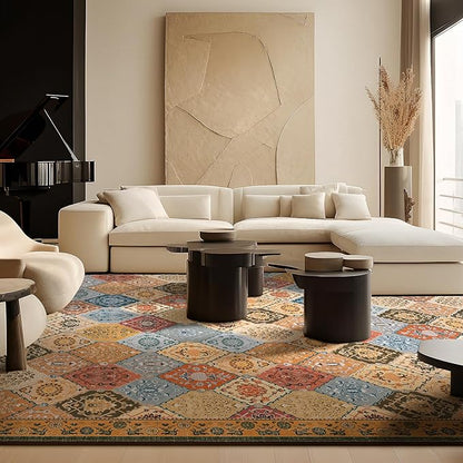 Phantoscope Washable Round Area Rug 6ft Non-Slip, Vintage Boho Rugs for Living Room, Bedroom, Dining Room, Distressed Moroccan Mosaic Diamond Pattern, Low-Pile Foldable Floor Carpet, Terracotta/Rust