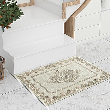 Easy-Going Boho Neutral Area Rug 2x3 Washable Entryway Rugs Front Door Mat Indoor Entrance Non-Slip Floral Brown Small Entry Rug for Living Room Bedroom Kitchen Bathroom Home Office Lightweight Carpet