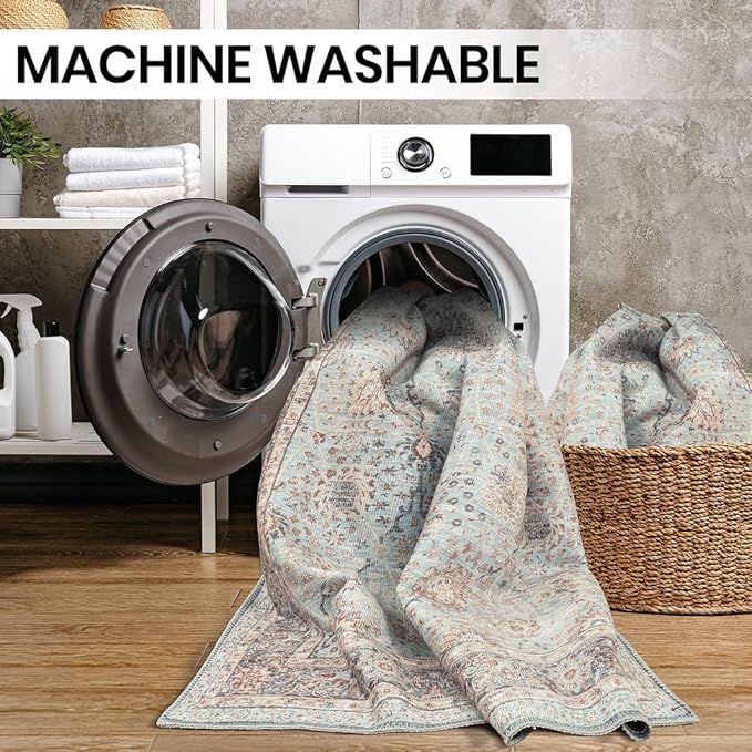 GLN Rugs Traditional Collection - Machine Washable Area Rug, Traditional Washable, Non Slip, Low Pile Chenille Rug, Living Room, Bedroom, Kitchen Rug (2'6" x 10' Light Blue)