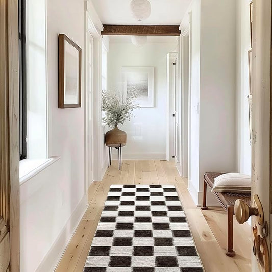 EVERGRACE Checkered Plaid Area Rug 2x6, Soft Fuzzy Faux Wool Rugs Washable Anti Slip Rugs Long Runner Rug Carpet for Entryway Bedroom Living Room Hallway Kitchen Dining Room and Laundry Room, Black