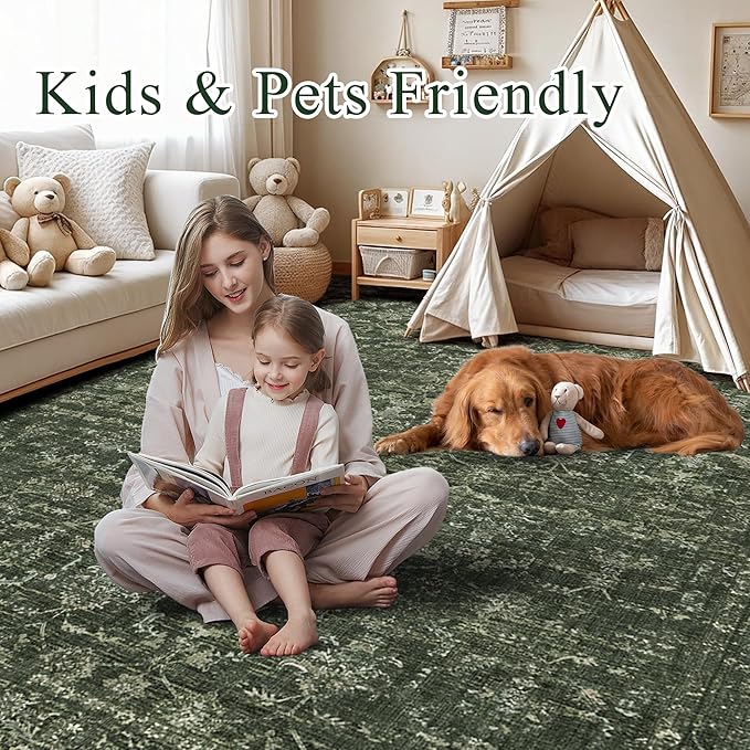 Washable Area Rug 2.6x8 Green Runner Rugs for Living Room, Vintage Boho Hallway Large Rug for Bedroom Dining Room Office, Distressed Floral Carpet for Under Table, Soft Non Slip Low Pile Throw Carpet