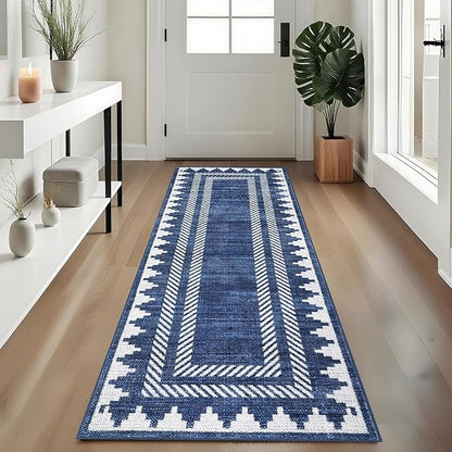 Geometric Bordered 2x6 Washable Runner Rug for Hallway Kitchen Foldable Non Slip Indoor Soft Carpet Modern Stain Resistant Non-Shedding Low Pile Rug for Dining Room Living Room with Rubber Back, Blue