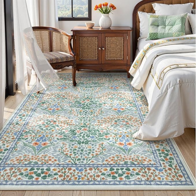 Lahome Floral Washable Area Rugs 5x7, Soft Green Rugs for Living Room Bedroom, Boho Non Slip Low Pile Forest Stain Resistance Large Throw Carpet for Farmhouse Dining Room Nursery, Green