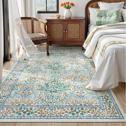 Lahome Floral Washable Area Rugs 5x7, Soft Green Rugs for Living Room Bedroom, Boho Non Slip Low Pile Forest Stain Resistance Large Throw Carpet for Farmhouse Dining Room Nursery, Green