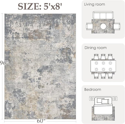 5x8 Area Rug Living Room Rugs - Washable Neutral Modern Abstract Soft Thin Large Rug Indoor Floor No Slip Rug Carpet for Bedroom Under Dining Table Home Office Decor - Blue Grey