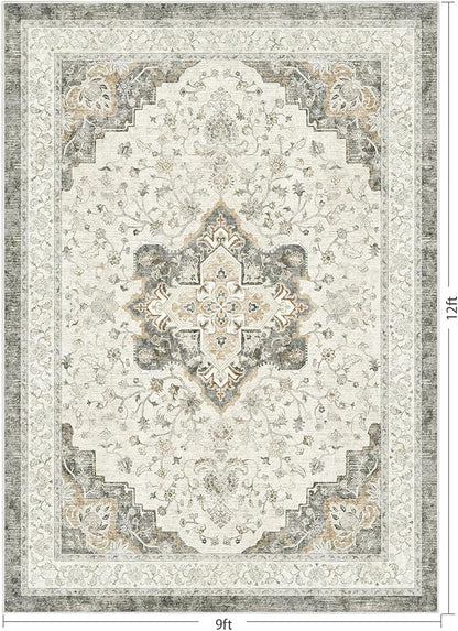 Marsail 9x12 Machine Washable Area Rug, Soft & Slip-Resistant Large Area Rug with Reinforced Bound Edges, Vintage Short-Pile Washable Rug with Floral Pattern for Living Room, Dinning Room and Bedroom
