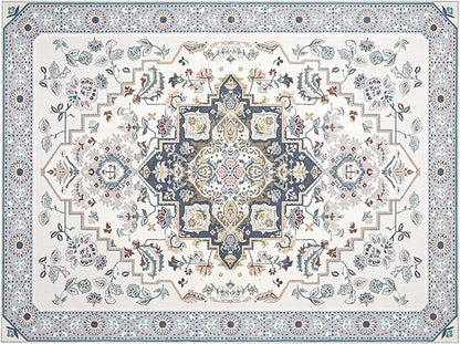 Phantoscope Washable Area Rug 9'x12' Non-Slip, Vintage Boho Rugs for Living Room, Bedroom, Dining Room, Persian Floral Medallion Pattern, Low-Pile Foldable Floor Carpet, Ivory Blue/Garden Bloom